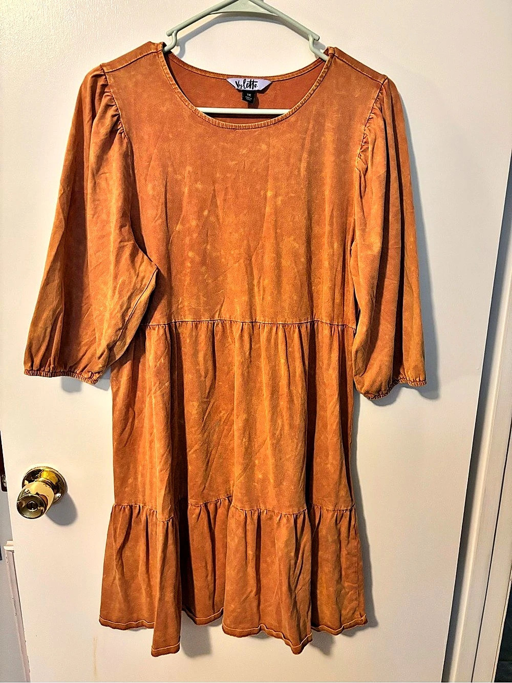 Vylette Autumnal Granola Girl Skater Cotton Tiered Mini Dress in Orange 1X